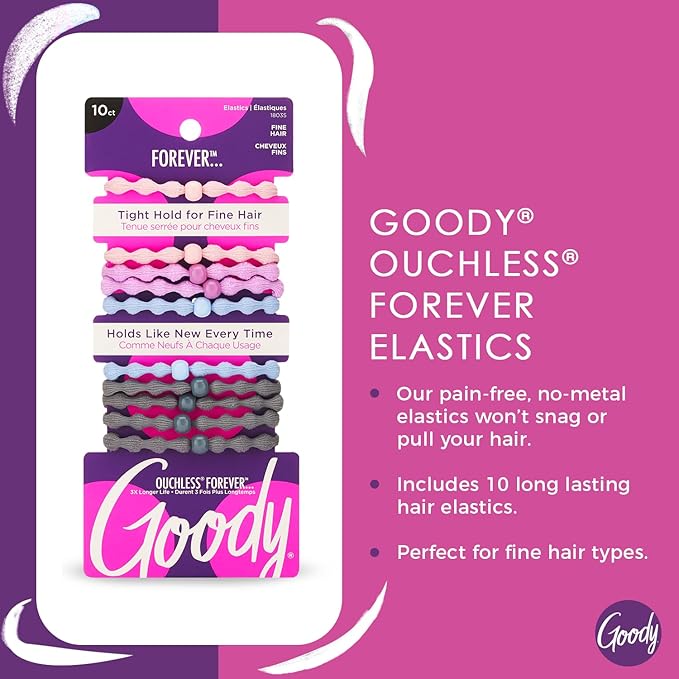 Goody Ouchless Forever Hair Elastics, 10 Ct, Assorted Colors, Damage-Free Bands, 3X Stronger Elastic Ties, Retainable Shape, 16 Strand Inner Core, Styling Accessories for Women & Men, All Hair Types