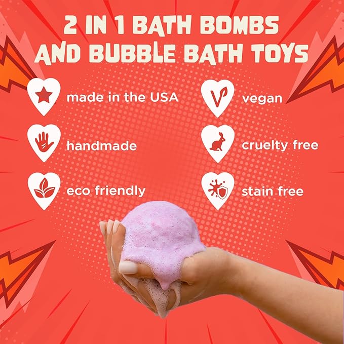 Superhero Boys Bath Bombs with Surprise Hero Toys Inside (12 Pack) - Large Bubble Bomb, Fruity Scents, Relaxing Aromas - Ideal Birthday Gift for Kids by Two Sisters