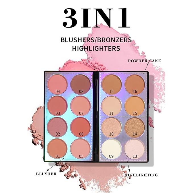 16 Colors Blush Contour Highlighter Makeup Palette with Brush, Shimmer Matte Mineral Face Blush Powder for Cheek, All in One Face Sculpting Bronzer Blusher Illuminator Concealer Palette