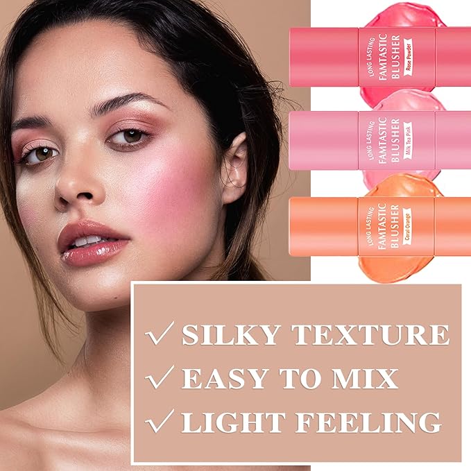 3 Pcs Cream Blush Stick with Brush,Waterproof Multi All Skin