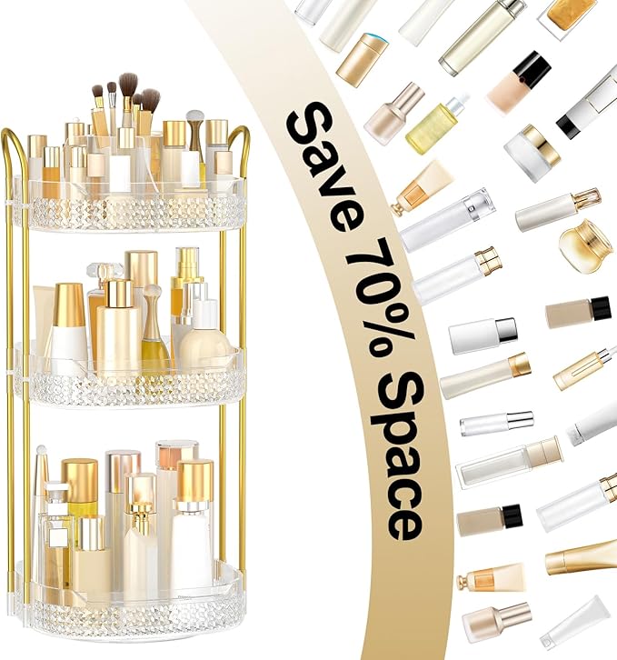 Rotating Makeup Organizer for Vanity 3 Tier, Perfume Organizer with Makeup Brush Holder, Large Capacity Cosmetics Clear Skincare Organizer for Countertop (Transparent)