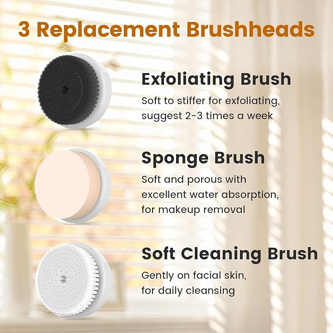 Rechargeable Face Scrubber, Electric Facial Cleansing Brush with Exfoliator and Sponge Brushheads, 3 Speeds Face Wash Brush, Gentle face exfoliator Brush for Men Women