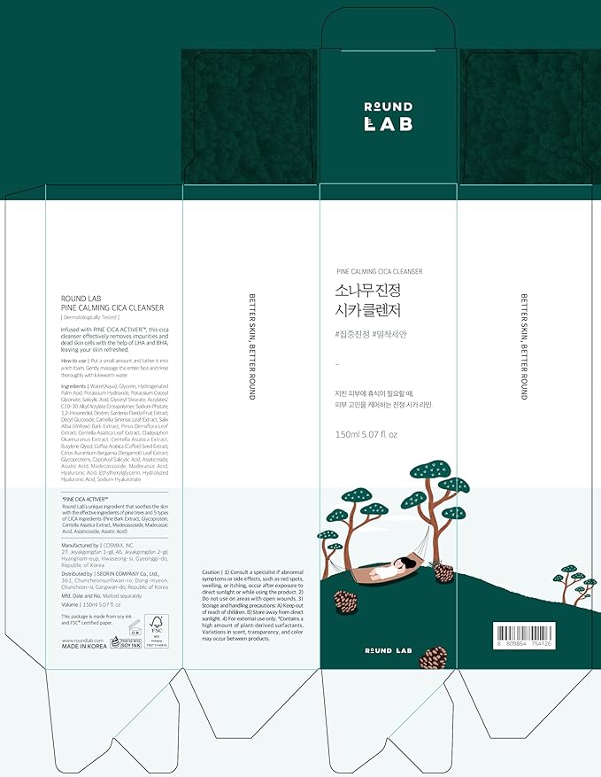 ROUND LAB Pine Calming Cica Cleanser 5.07 Fl Oz – Acne Face Wash with Salicylic Acid, BHA & LHA for Sensitive Skin, Soothing Cica + Hydrating Hyaluronic Acid, Gentle Foaming Cleanser, 150ml