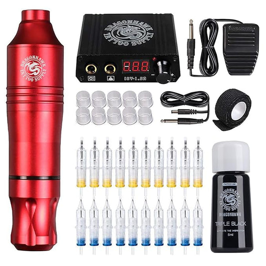 Dragonhawk Pro Complete Tattoo Pen Kit - Lightweight Tattoo Pen Machine 20Pcs Cartridges Needles Power Supplies for Tattoo Beginners 1013-7-2