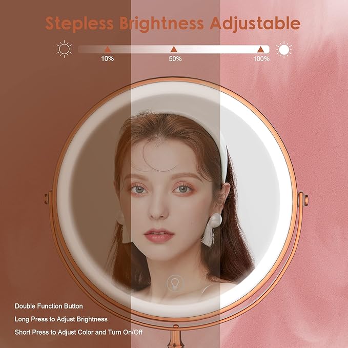 Lighted Makeup Mirror, 3000 mAh Rechargeable Double Sided Magnifying Vanity Mirror with 3 Colors, 1x/10x, 360° Rotation , Brightness Adjustable Magnification Cosmetic Light up Mirror, Women Gift