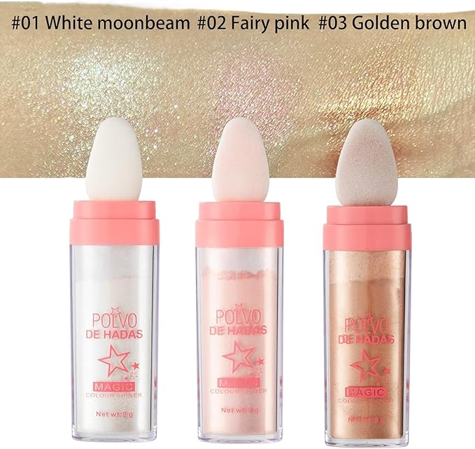 3 Color Polvo De Hadas, Body Glitter Highlighter Powder Fairy Stick for Makeup Shimmer and Shine High Gloss Blush Contour Powder Makeup - Sparkle Patting for Hair Face Eyes Body