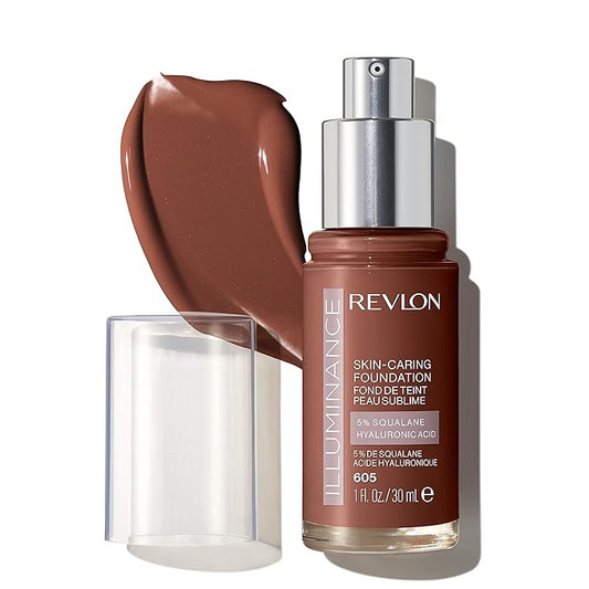 Revlon Illuminance Skin-Caring Liquid Foundation, Hyaluronic Acid, Hydrating and Nourishing Formula with Medium Coverage, 605 Rich Mahogany (Pack of 1)