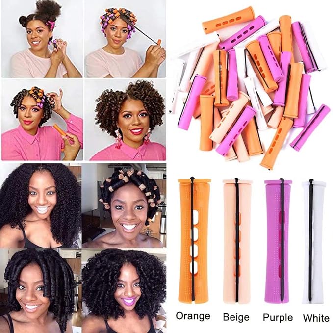 40pcs Perm Rods Set for Natural Hair 4 Sizes Cold Wave Rods Hair Rollers for Women Curling Rods for Long Medium Small Hair Curler Styling DIY Hairdressing Tools（Orange+Beige+Purple+white）