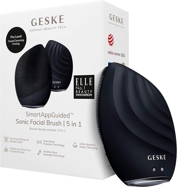 GESKE SmartAppGuided Sonic Facial Brush 5 in 1 | Vibrating Electric Cleansing Brush | Soft Silicone | Professional Cleanser | Skin Exfoliator | Face Massager