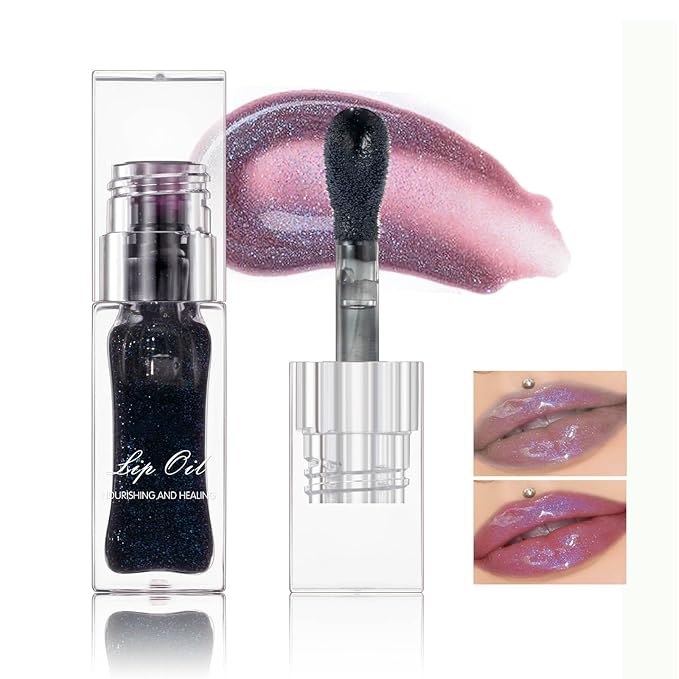 Black Color Changing Lip Oil, Temperature Change Glitter Lip Gloss, Moisturizing Plumping Lip Oil, Light Texture Non Sticky Lip Tint Oil for Lip Care (#05 Pearly Black)