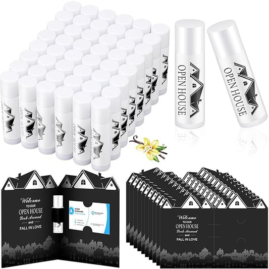 50 Pcs Open House Lip Balm with Cards Real Estate Agent Supplies Lip Moisturizer Moisturizing Lip Balm Bulk Moisturizing Lip Balm Stick for Open House Business Advertising Events