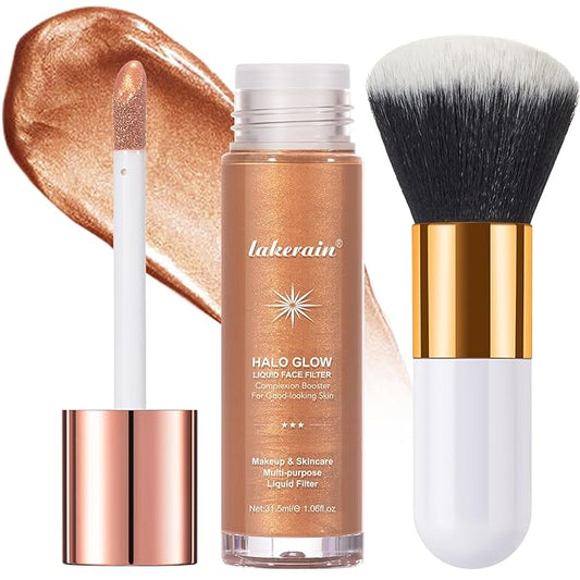 Natural Glow Liquid Filter Makeup, Longwear Face Luminizer, Complexion Booster For Any Part of the Body, Liquid Highlighter with Brush Kit, Infused Hyaluronic Acid, 1.06 fl oz (#05 MEDIUM/TAN)