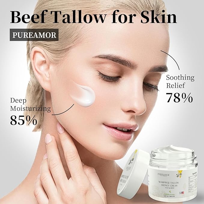 Grass-Fed Beef Tallow for Skin Made in USA, Absorbent, Soothing Tallow and Honey Balm, Smoother Beef Tallow for Face, Whipped Beef Tallow Moisturizer, Tallow Cream (2oz. Vanilla Scented)