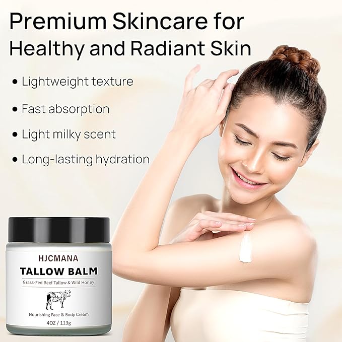 Beef Tallow for Skin 4 OZ, Natural Unscented Tallow and Honey Balm, Grass Fed Beef Tallow for Face and All Skin Types