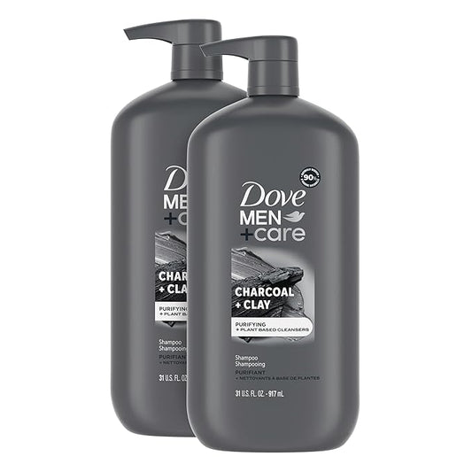 DOVE MEN + CARE Purifying Shampoo Charcoal + Clay 2 Pk for Stronger, More Resilient Hair, with Plant-Based Cleansers, 31 oz