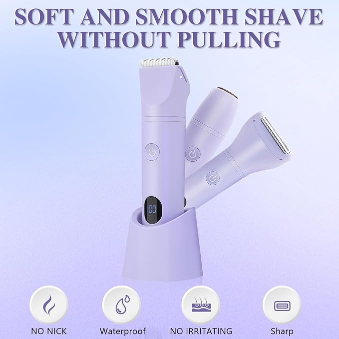 3-in-1 Bikini Trimmer for Women, IPX7 Waterproof Electric Shaver for Women-Rechargeable Electric Razors for Pubic, Facial & Body Hair Trimmer with LED Display, Travel Kit & Painless Blades (Purple)