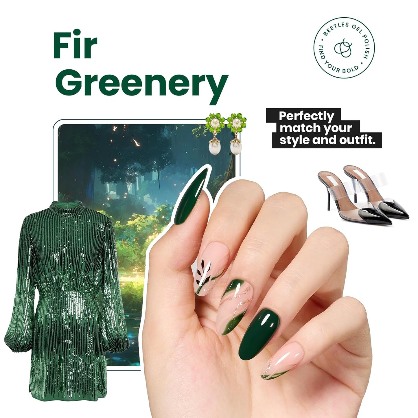 Beetles Fir Greenery Nail Polish, 1Pcs 15ml Fast Drying & Long Lasting Winter Nail Polish Dark Green Nail Lacquer Gift for Women