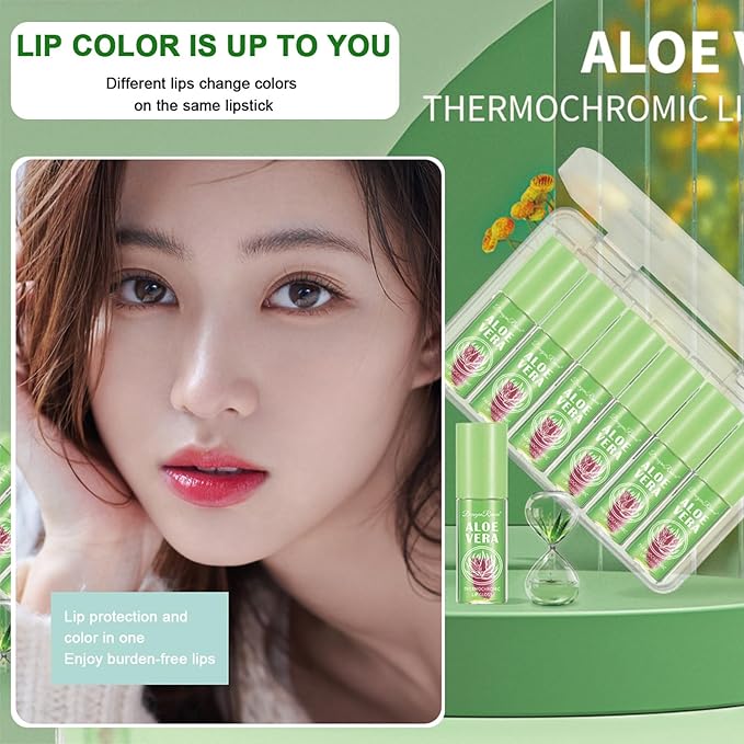 6Pcs Aloe Vera Color Changing Lip Gloss, Hydrating Lip Glow Oil High-Shine Clear Temperature Color Change Lipstick, Glossy Lip Tint Stain for Women Lip Care Prevents Dry Cracked Lips