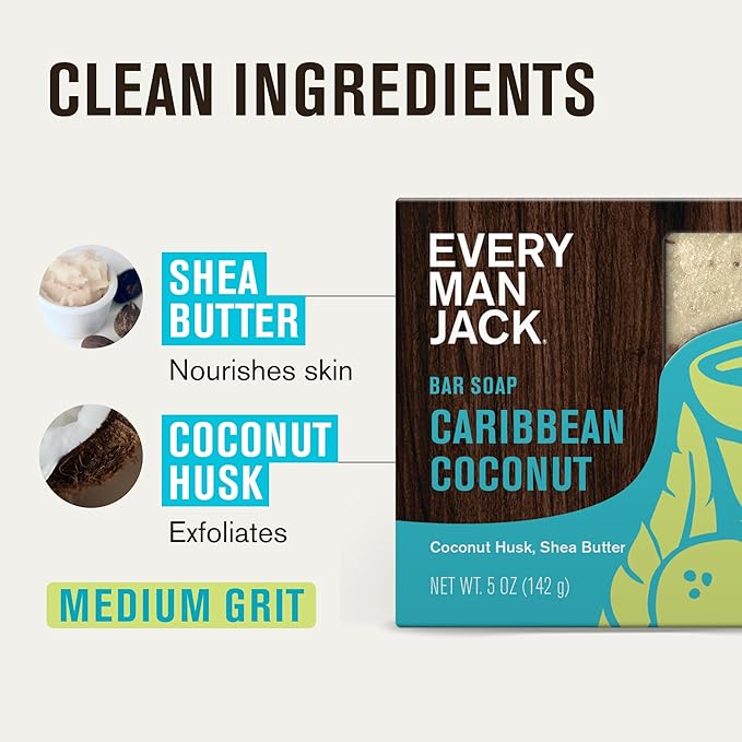 Every Man Jack Cold Processed Mens Bar Soap - Tropical Caribbean Coconut Scent - Deeply Cleans & Hydrates w/Naturally Derived Ingredients - (3 Pack)