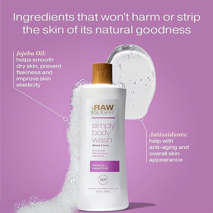 RAW SUGAR Simply Body Wash - Hibiscus + Island Fruit (25 Fl Oz, Pack of 1) Moisturizing & Soothing Bath & Shower Gel, Formulated without Sulfates & Parabens, Vegan