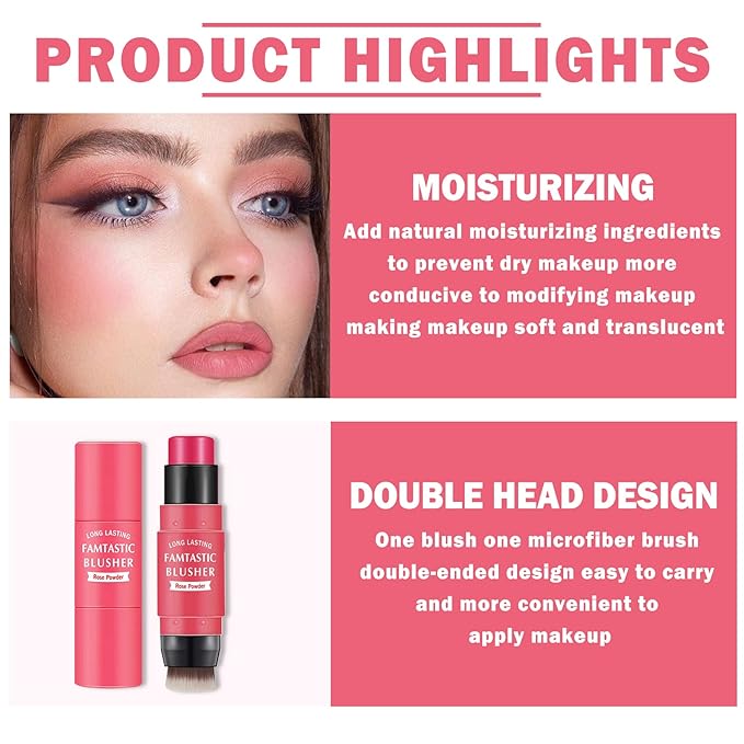 Cream Blush Stick with Brush, Waterproof, Long Lasting, Skin Tones