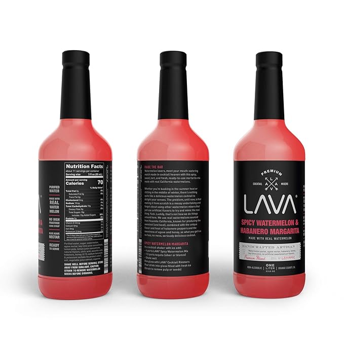 LAVA Premium Spicy Watermelon Habanero Margarita Mix, Cold-Pressed Organic Watermelon, Agave, Habanero, No Artificial Sweeteners, Lots of Flavor, Ready to Use, 1-Liter (33.8oz) Glass