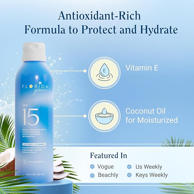 Florida Glow SPF 15 Sunscreen Spray - Hawaii 104 Reef Act & Florida Keys Compliant, Broad Spectrum, Water Resistant - Sun screen protector for face and body, PABA-Free & Oxybenzone Free (5.5 Fl Oz)