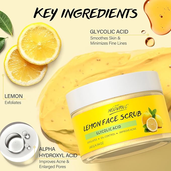 Lemon Face Scrub with Glycolic Acid Microdermabrasion Facial Scrub AHA Exfoliating for Women Men Safe Vegan Improves Acne Blackheads Soft Soothing without Irritation