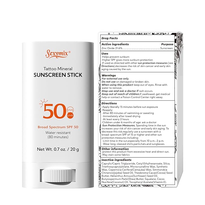 Sexymix Tattoo Sunscreen Stick, SPF 50 Waterproof Sunscreen Stick Broad Spectrum UVA/UVB Protection 0.7 oz with Zinc Oxide, Tattoo Aftercare Sunscreen for Tattoos Non-Dirty Hands Available (2 Packs)