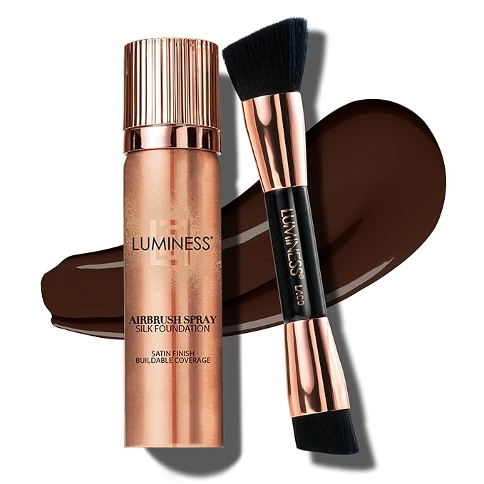 LUMINESS Silk Airbrush Spray Foundation & Buffing Brush Kit – Full Coverage Foundation & Dual-Sided Buffing Brush - Buildable Coverage, Anti-Aging Formula Hydrates & Moisturizes (Shade - Rich Dark)