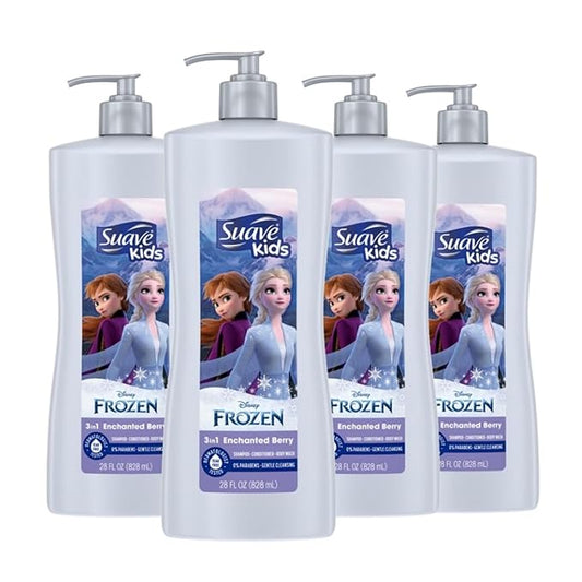 Suave Kids 3 in 1 Enchanted Berry Shampoo, Conditioner, & Body Wash,Dermatologist Tested and Tear-free 28 Oz, (Pack of 4) Packaging may vary