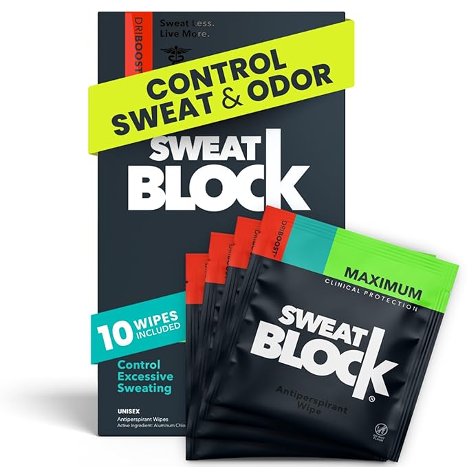 SweatBlock Clinical Strength Antiperspirant Wipes for Men and Women Excessive Sweat Protection Hyperhidrosis Treatment Stops Underarm Perspiration Up to 7 Days Includes 10 Individually Wrapped Wipes