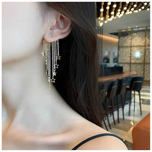 Boho Star Chain Tassel Earrings Gold Star Dangle Earrings Long Chain Drop Earrings Tiny Star Fringe Chain Earrings Jewelry for Women and Girls