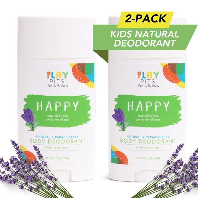 PLAY PITS - Natural Kids Whole Body Deodorant - Safe for Girls and Boys w/Sensitive Skin of All Ages - Clean, Non-Toxic, & Paraben Free - HAPPY Scent - Infused w/Lavender Essential Oils – 2.65Oz