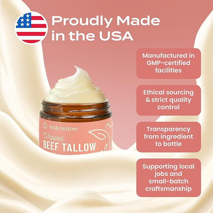 Body Restore Grass Fed Whipped Beef Tallow for Skin, Face, Body, Dry Skin - with Manuka Honey, Jojoba Oil, Birthday Gifts for Women, Men, Travel Essentials, Self Care - Citrus