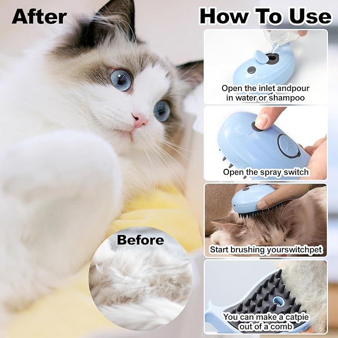 Cat Steam Brush for Shedding, Cat Grooming Brush With Steam, Rechargeable Steam Pet Brush for Dog And Cat, Steamy Cat Brush 3 In1, Self Cleaning Steam Brush for Massage,Clean and Removing Loose Hair