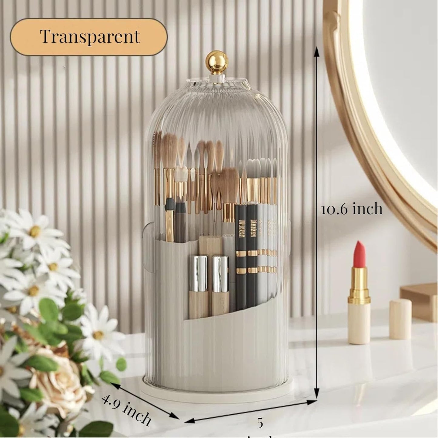 B-H1 Makeup Brush Holder with Dustproof Cover 360 Rotating Makeup Brushes Organizer for Vanity Desktop Bathroom (Transparent)