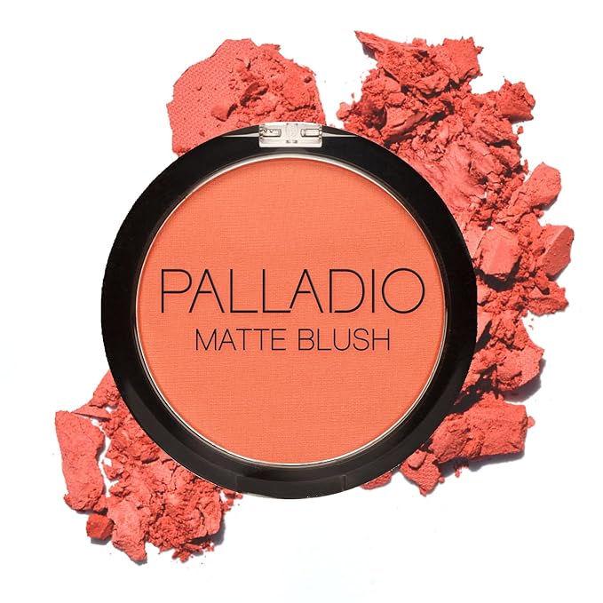 Palladio Matte Blush, Brushes onto Cheeks Smoothly, Soft Matte Look and Even Finish, Flawless Velvety Coverage, Effortless Blending Makeup, Flatters the Face, Convenient Compact, Toasted Apricot