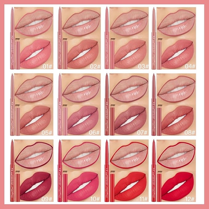 12 Colors Matte Lip Liner/Lipstick Set,One Step Lips Long