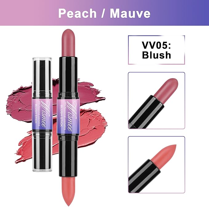 Dual-Ended Cream Blush Stick,Cream Blush Makeup Stick,Buildable Blush Stick for Cheeks Long Wearing,Easy Application,Lightweight Multi Stick,Plum & Peach