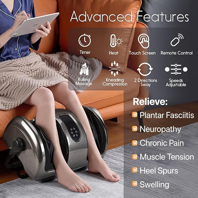 Shiatsu Foot Massager with Heat Deep Kneading Foot and Calf Leg Massager Machine for Relaxation, Muscle Pain Relief Massage (Silver)