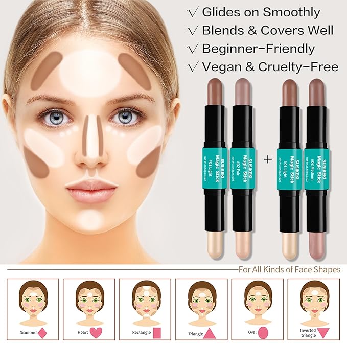 Contour Stick, 4Pcs Dual-Ended Highlighter Makeup Pen & Contouring Stick for Face Shaping, Long Lasting Waterproof Cream Bronzer & Highlight Sticks Make Up Kit for All Skin Tones(Set A+Set B)