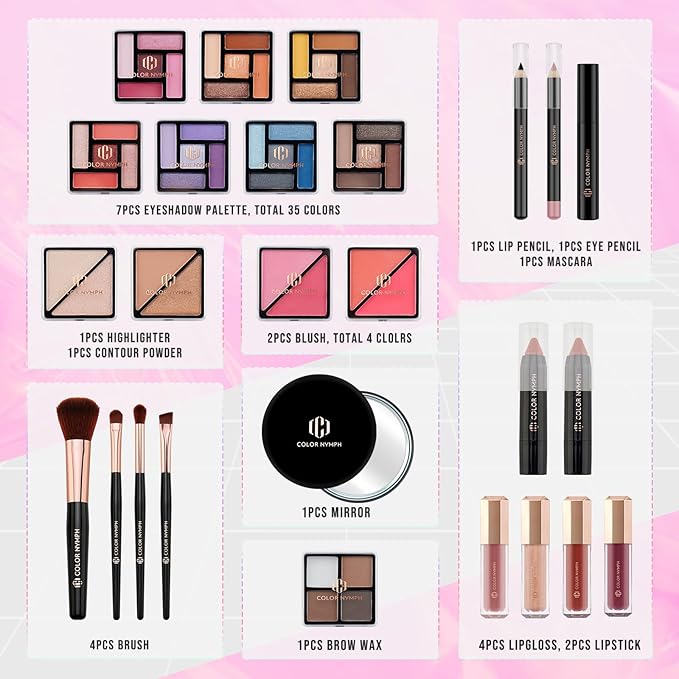 Color Nymph Starter Makeup Kit for Tweens Girls, Train Case for Women Full Kit with Eye Shadow, Lipstick, Blush, Brushes, Lipgloss, Mascara, Brow Wax and Mirror Pink Full Starter Cosmetics Set