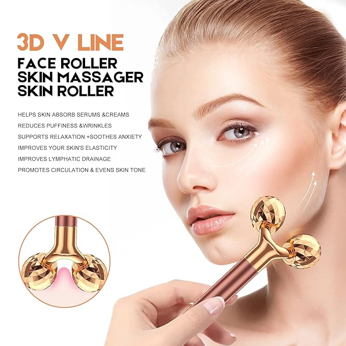 2-IN-1 Beauty Bar 24k Golden Pulse Facial Face Massager, Electric 3D Roller and T Shape Arm Eye Nose Head Massager Facial Roller Massager Kit Skin Care Tools