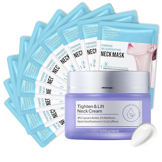 Neck Firming Cream and Neck Mask Set,Non-greasy Tighten Face Cream Skincare Moisturizer, 10 Pieces Deep Moisturizing Masks for Tightening, All Skin Type, 11 Pack