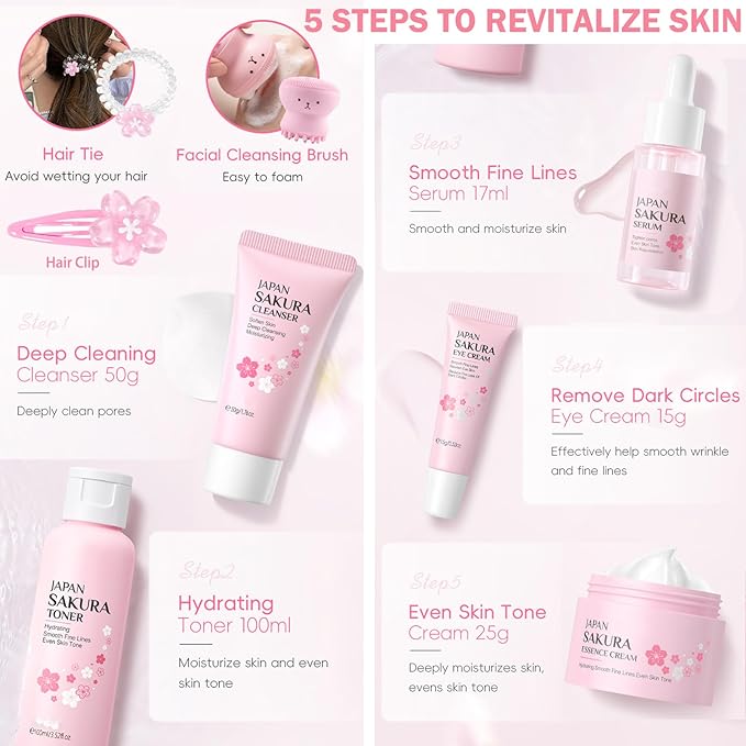 Skin Care Set for Kids Teens Girls,Cherry Blossoms Skincare for Girls 10-12,Hydrating Face Skin Care Kit with Cleanser,Toner,Serum,Eye Cream,Face Cream - 8Pcs Skincare for Kids Girl Birthday Gifts