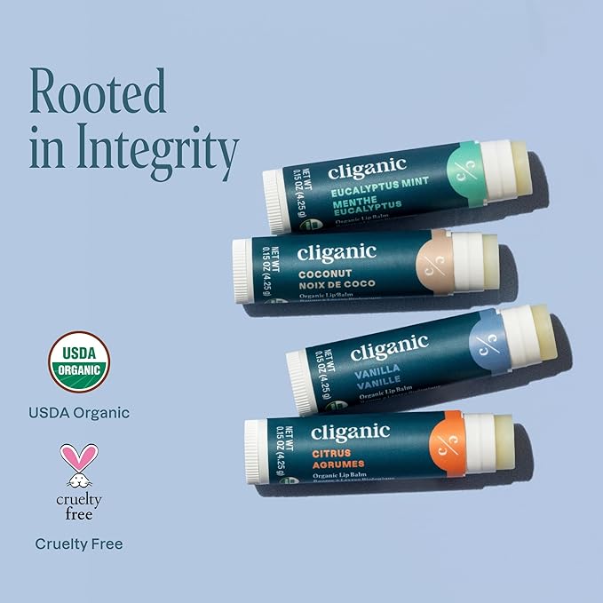 Cliganic Organic Lip Balm Set - 4 Flavors - Natural Hydrating for Cracked & Dry Lips