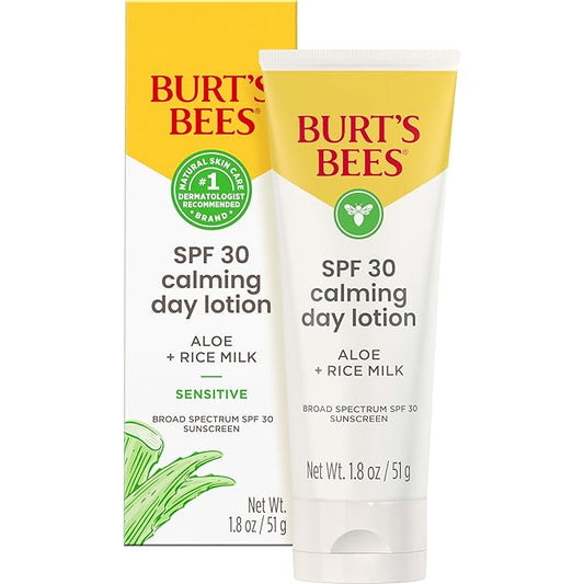 BURTS BEES SPF 30 Calming Day Face Lotion With Aloe and Rice Milk for Sensitive Skin, Sunscreen Face Lotion Soothes Redness and Irritation, 99.4 Percent Natural Origin Skin Care, 1.8 oz. Tube