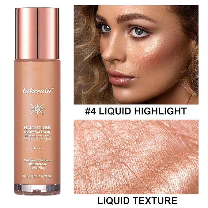 Natural Glow Liquid Filter Makeup, Longwear Face Luminizer, Complexion Booster For Any Part of the Body, Liquid Highlighter with Brush Kit, Infused Hyaluronic Acid, 1.06 fl oz (#04 MEDIUM)