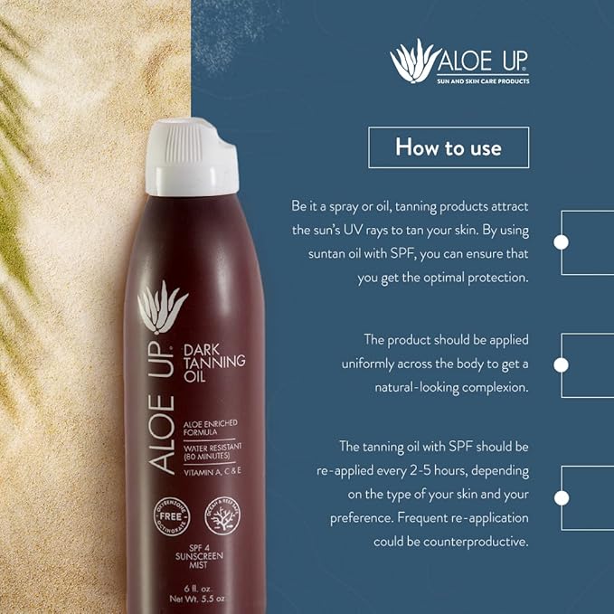 Aloe Up SPF 4 Dark Tanning Oil - Body and Face Tanning Continuous Spray for Outdoor Sun - With Sunscreen, Pure Aloe Vera, and Natural Oils - Dries Clear - Reef Friendly - Fresh Tropical Scent - 6 Oz